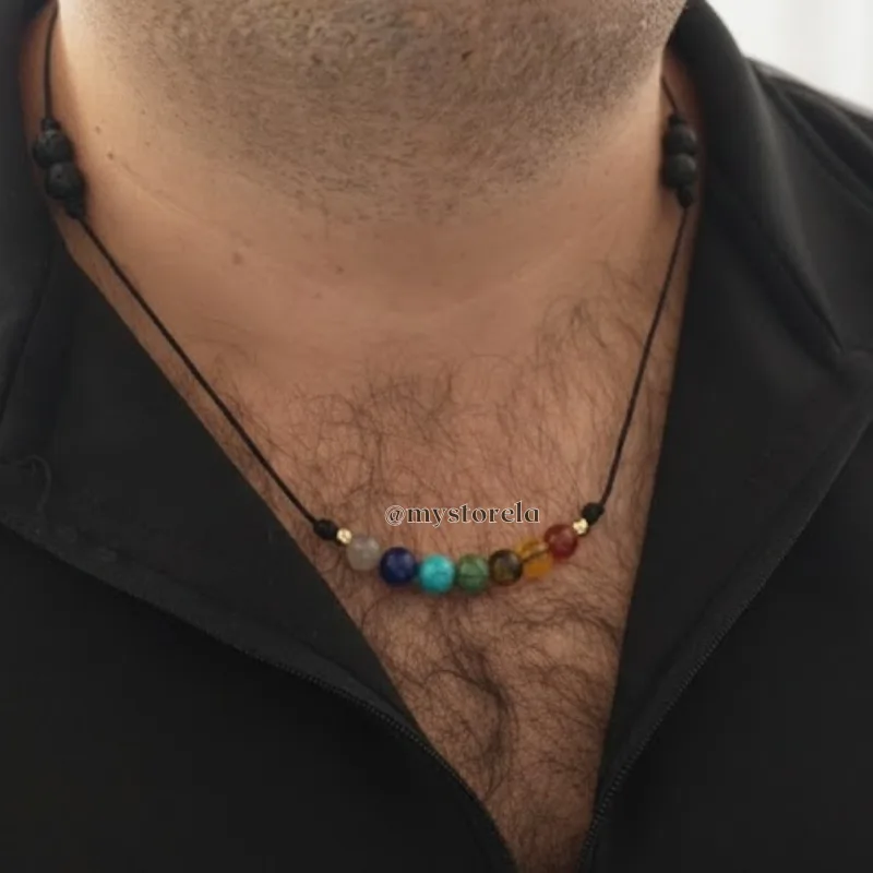 Collar Elemental Masculino: 7 Chakras & Piedra Volcánica (8mm)