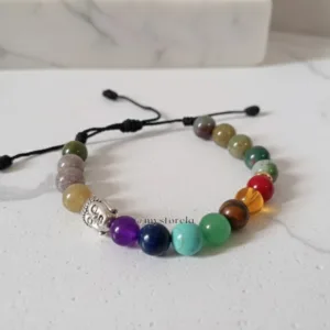 Pulsera Equilibrio Vital: Ágata India, 7 Chakras & Buda (piedra de 8mm)