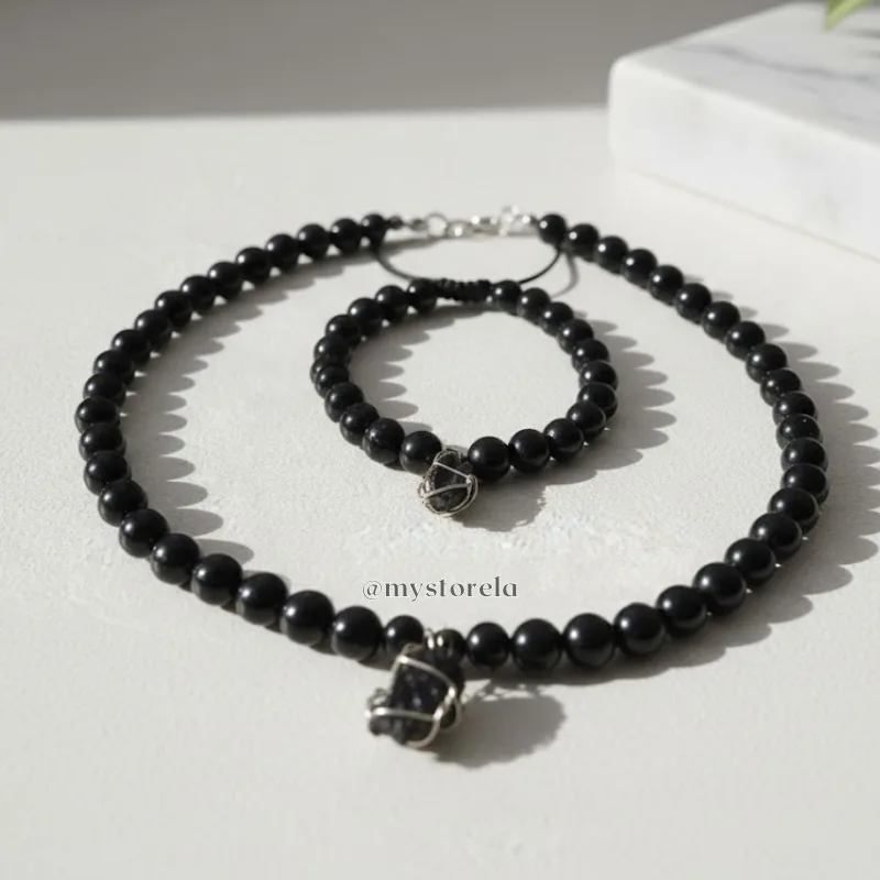 Set de collar + pulsera de turmalina en bruto y de 8mm