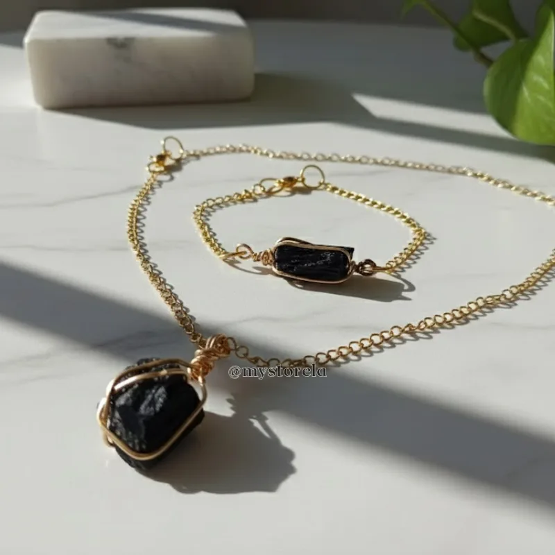 Set de collar de acero + pulsera de turmalina en alambrismo